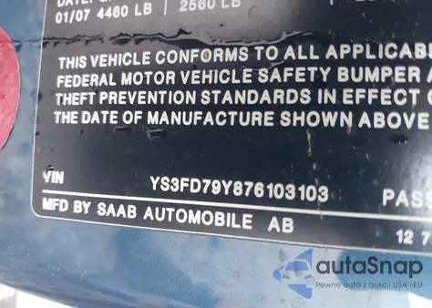 2007 Saab 9-3 2.0T from USA, damaged, VIN YS3FD79Y876103103